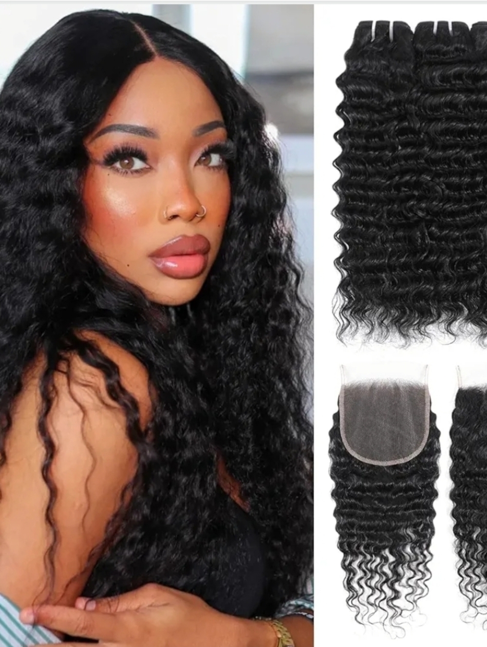 12A Deep Wave Bundles with Closure (10" 12" 14"+12") Deep Curly 3 Bundles
